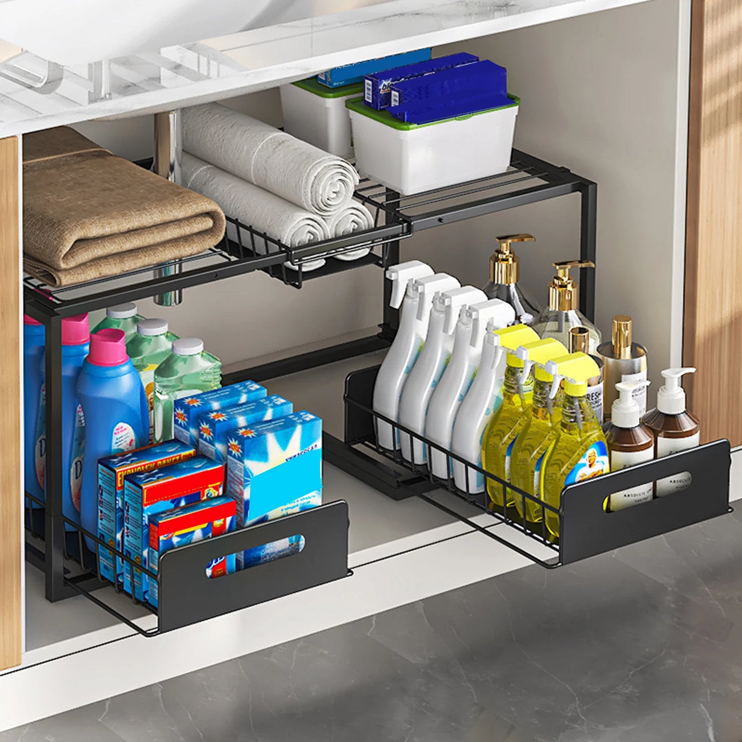 Etagere-sous-evier-double-niveaux-tiroirs-coulissants