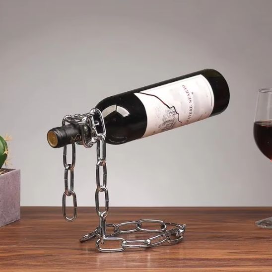 Porte bouteille vin chaine métallique argent