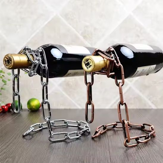 Porte bouteille vin chaine métallique deux supports