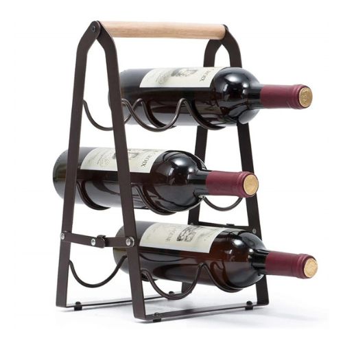 Range-bouteille-présentoir-pliable-fer-forgé-bois