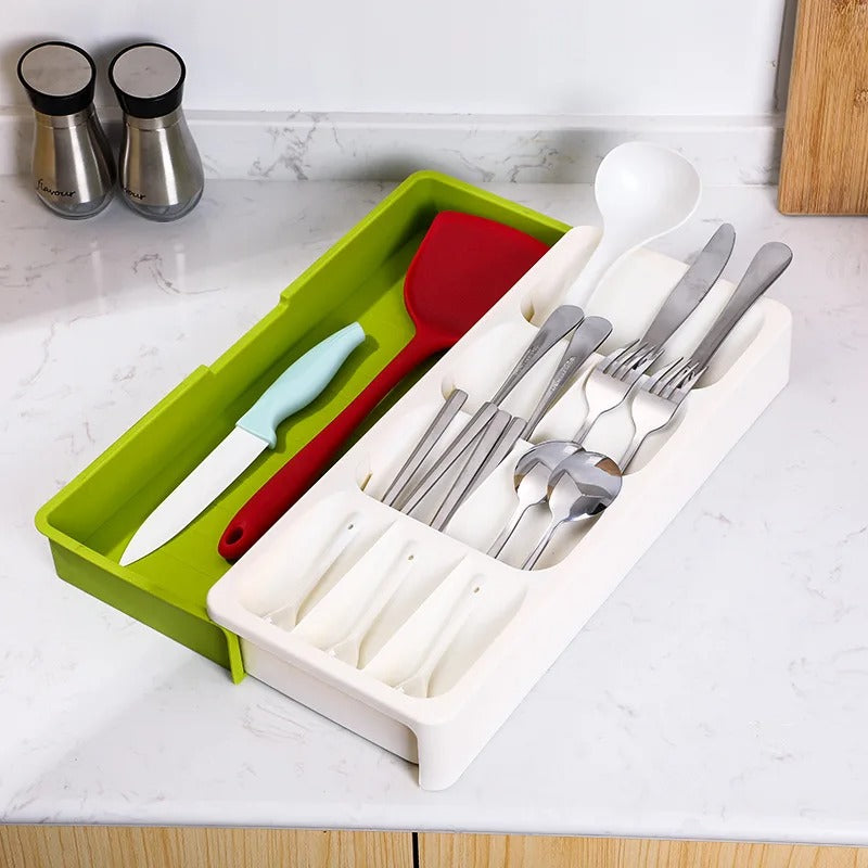 Rangement-à -couverts-extensible-pour-tiroir-blanc-vert-élargi
