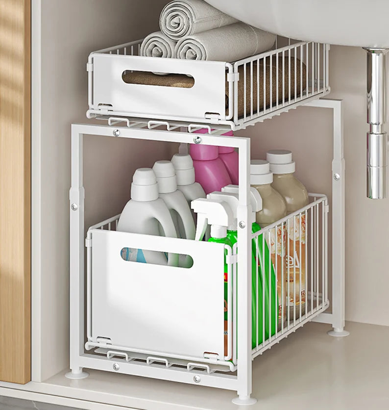 Rangement-sous-evier-coulissant-panier-extractible-Blanc