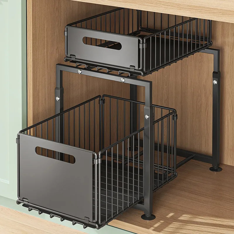 Rangement-sous-evier-coulissant-panier-extractible-métal