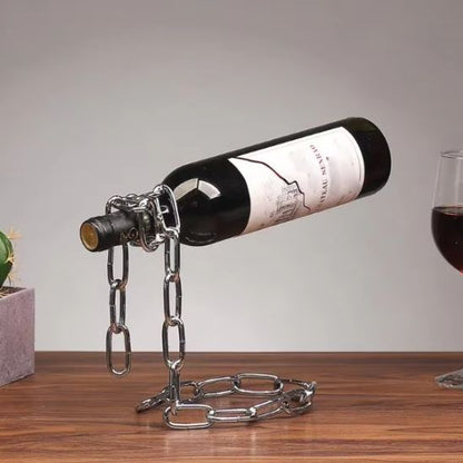 Porte bouteille vin chaine métallique argent