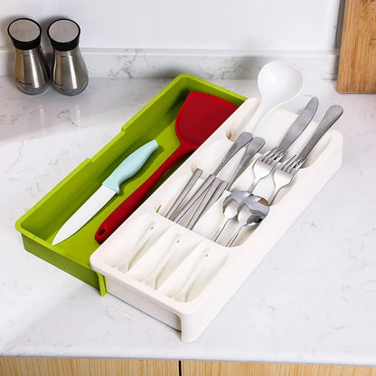 Rangement-à-couverts-extensible-pour-tiroir-blanc-vert-élargi