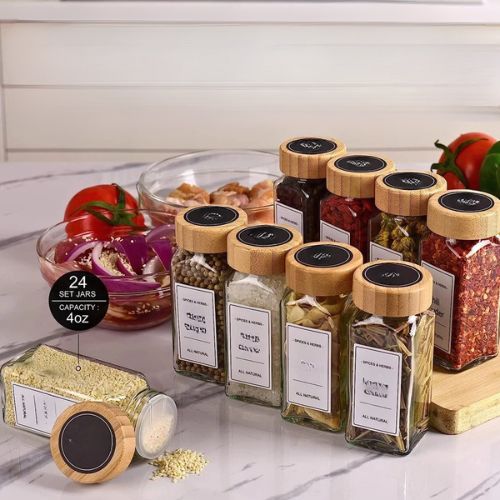 Rangement-à-épices-pots-verre-bambou