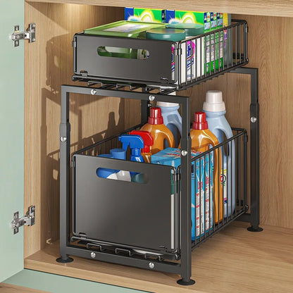 Rangement-sous-evier-coulissant-panier-extractible-deux-niveaux