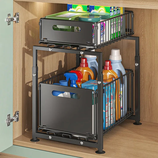 Rangement-sous-evier-coulissant-panier-extractible-deux-niveaux