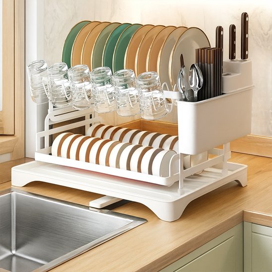 Egouttoir vaisselle 2 Niveaux Porte Multi-Couverts blanc